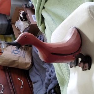 Faux Wood Carved Duck Goose Red Decoration